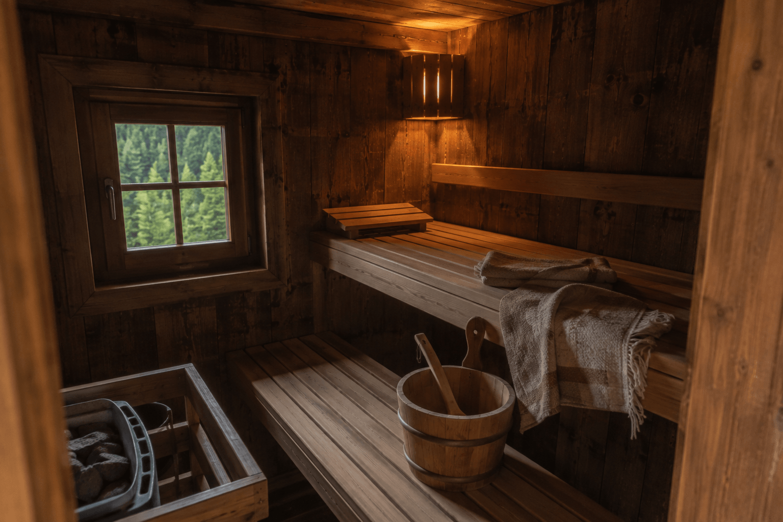 Sauna aus Holz mit Fenster in den Wald