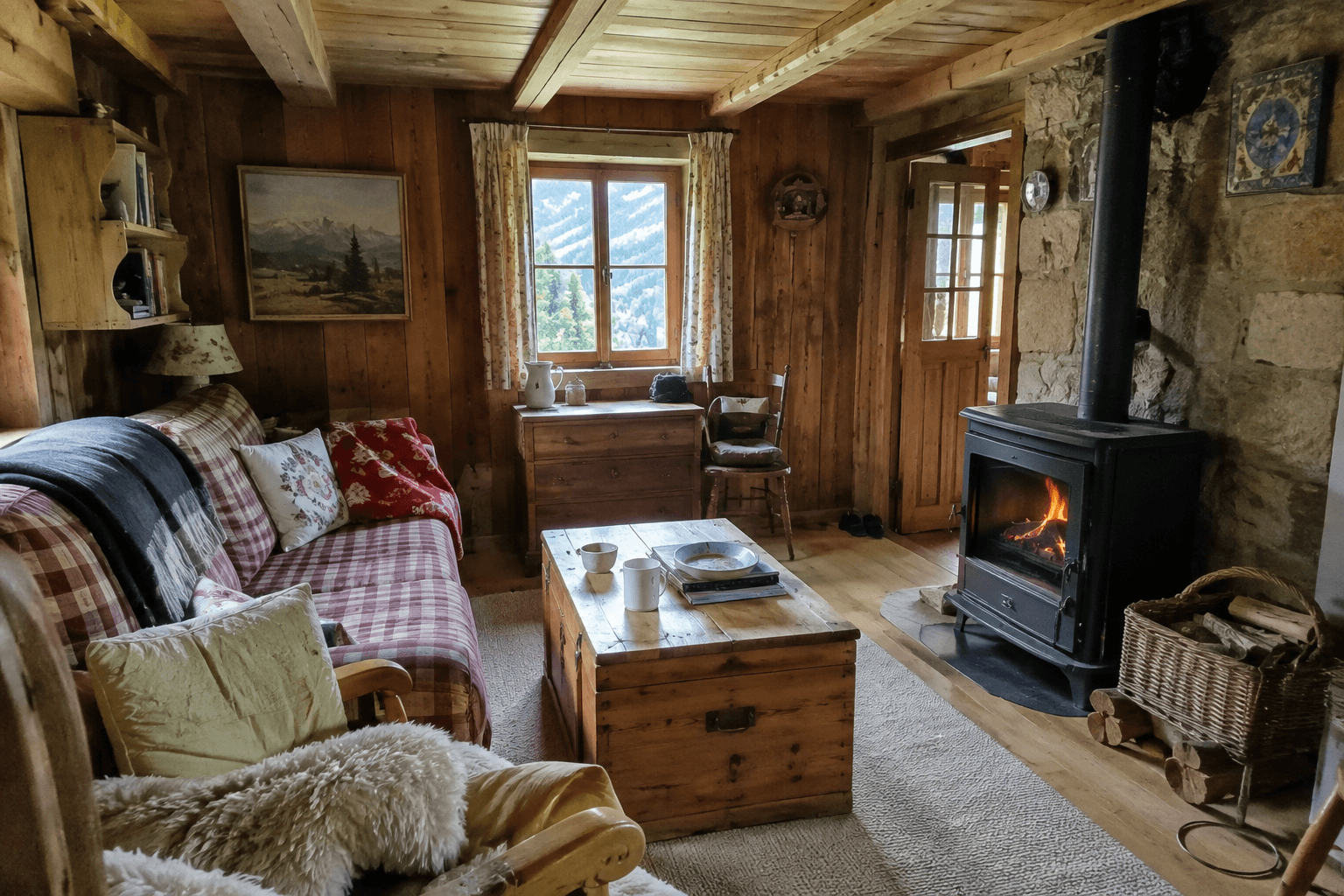 Wohnzimmer mit Kaminofen und Holzvertäfelung