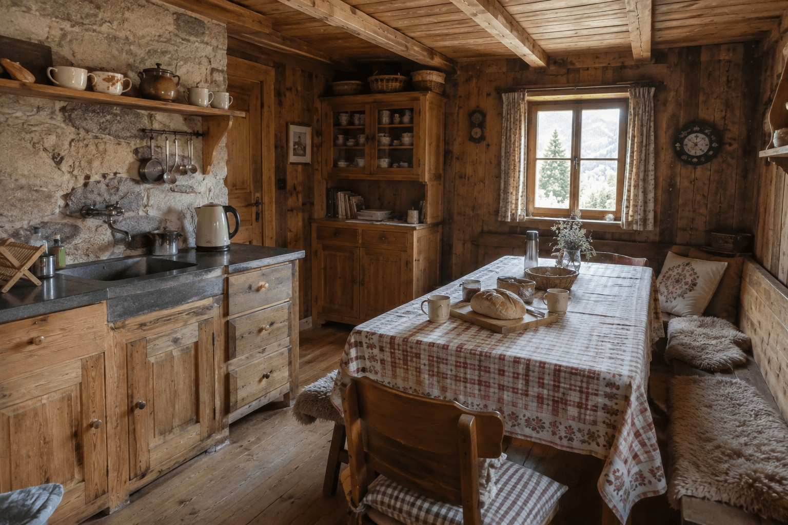 Küche mit Esstisch und Blick ins Tal