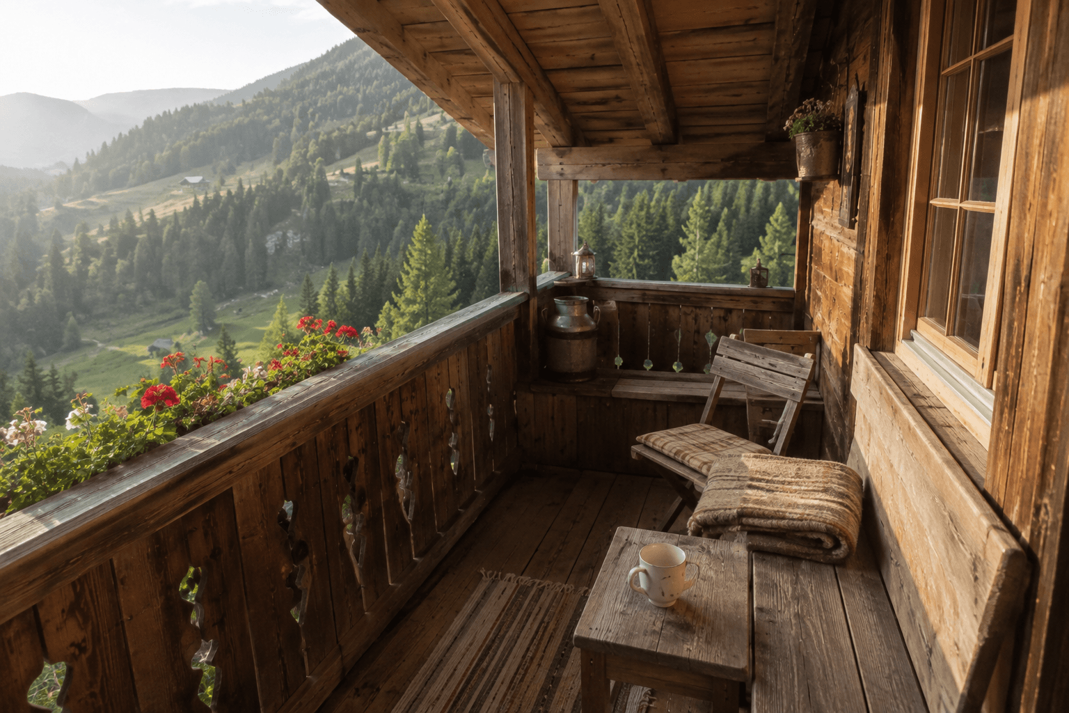 Balkon mit Bergblick und Geranien